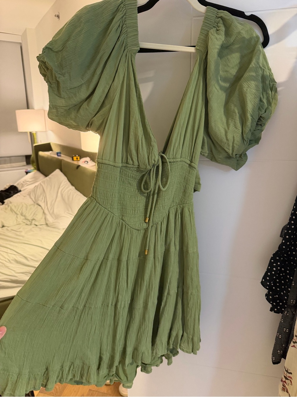 Green Puff-Sleeve V-Neck Smocked Waist Dress